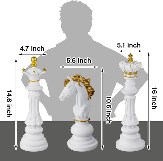 3 Pcs Large Chess Piece Statue Decor Set – King Queen Knight 10.6/14.6/16 Inch White Figurines, Modern Home & Office Decor