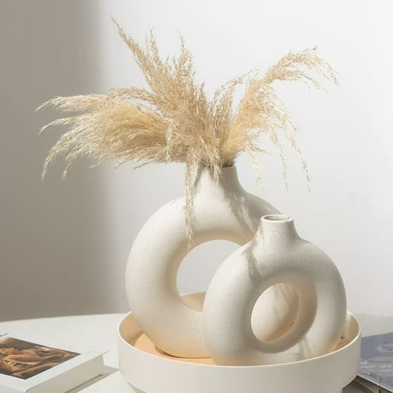 Puseky Nordic Ceramic Vase Set of 2 – White Donut Shape Flower Vases, Modern Farmhouse & Minimalist Home Decor for Bookshelf