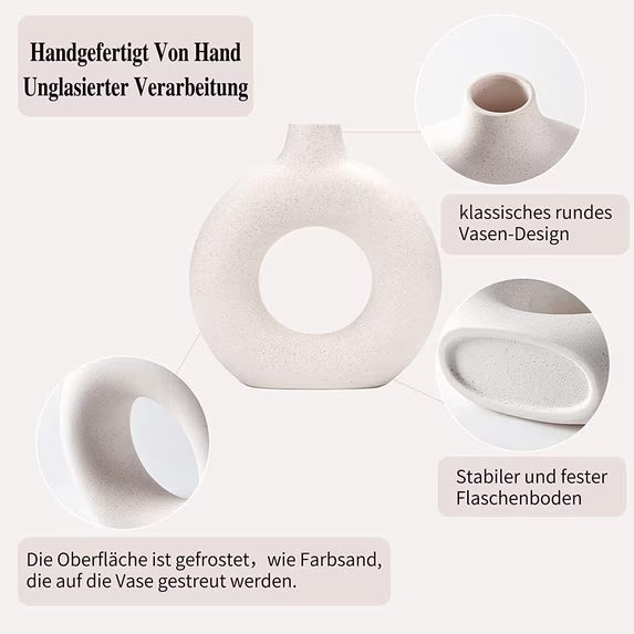 Puseky Nordic Ceramic Vase Set of 2 – White Donut Shape Flower Vases, Modern Farmhouse & Minimalist Home Decor for Bookshelf