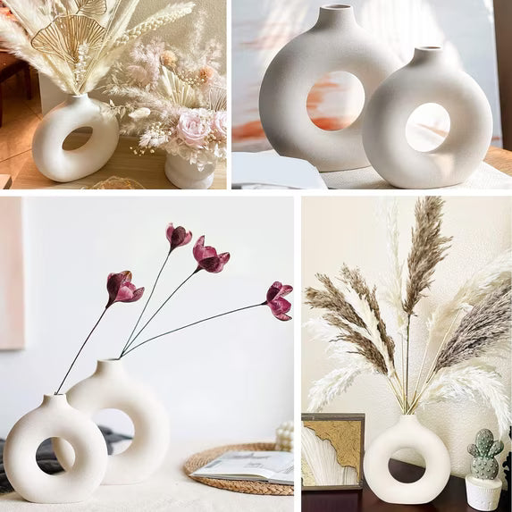Puseky Nordic Ceramic Vase Set of 2 – White Donut Shape Flower Vases, Modern Farmhouse & Minimalist Home Decor for Bookshelf