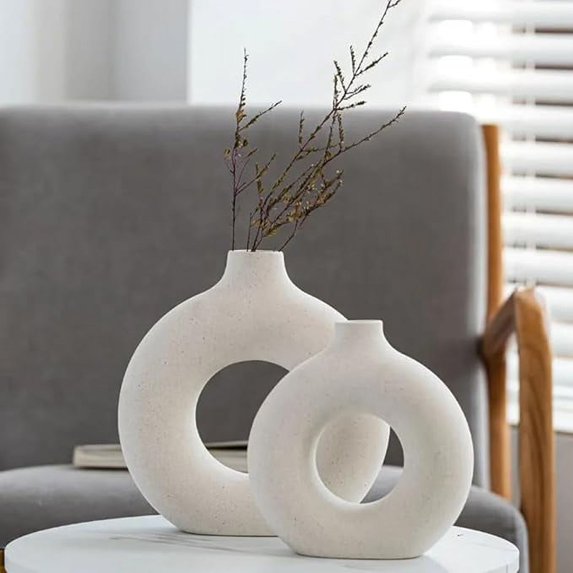 Puseky Nordic Ceramic Vase Set of 2 – White Donut Shape Flower Vases, Modern Farmhouse & Minimalist Home Decor for Bookshelf