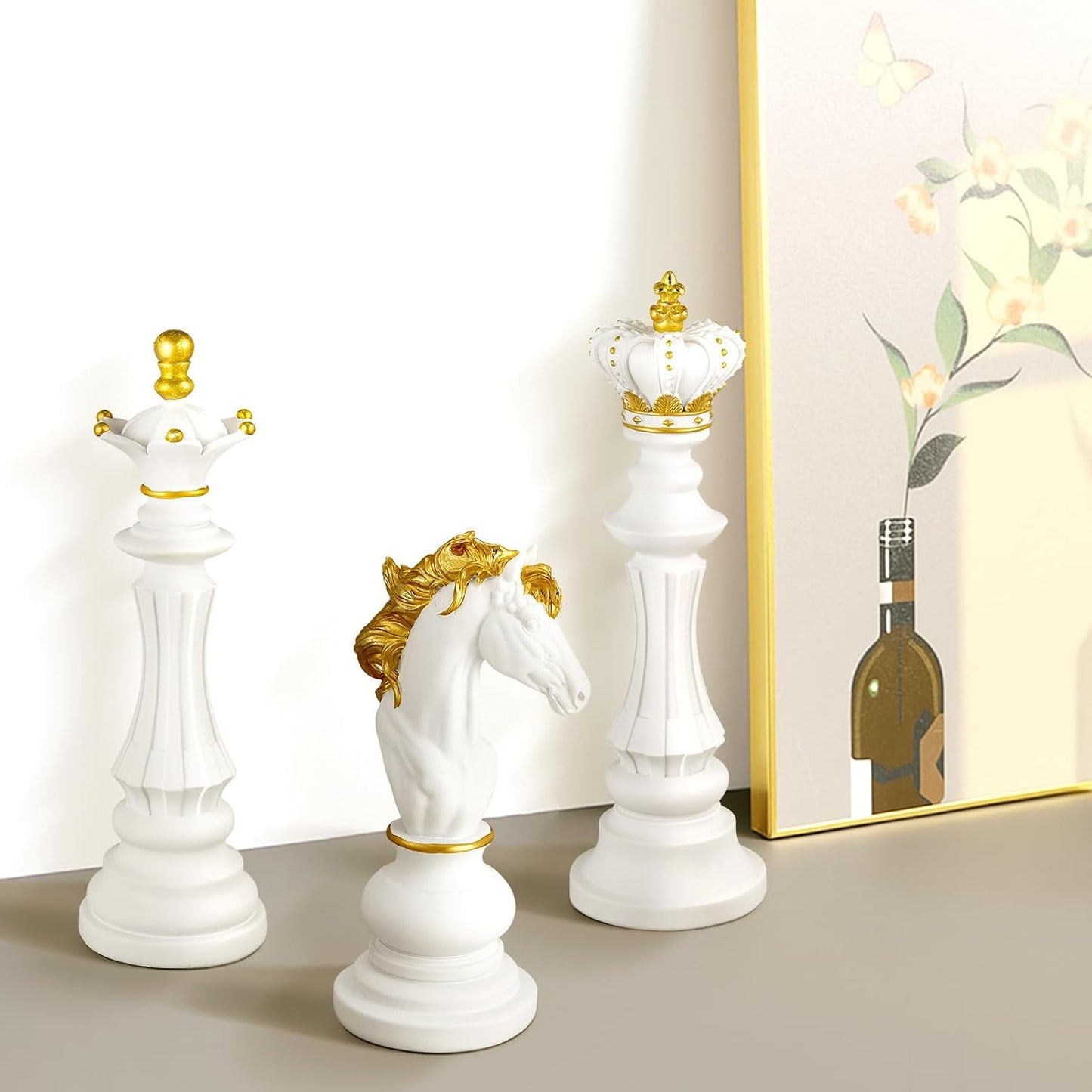 3 Pcs Large Chess Piece Statue Decor Set – King Queen Knight 10.6/14.6/16 Inch White Figurines, Modern Home & Office Decor