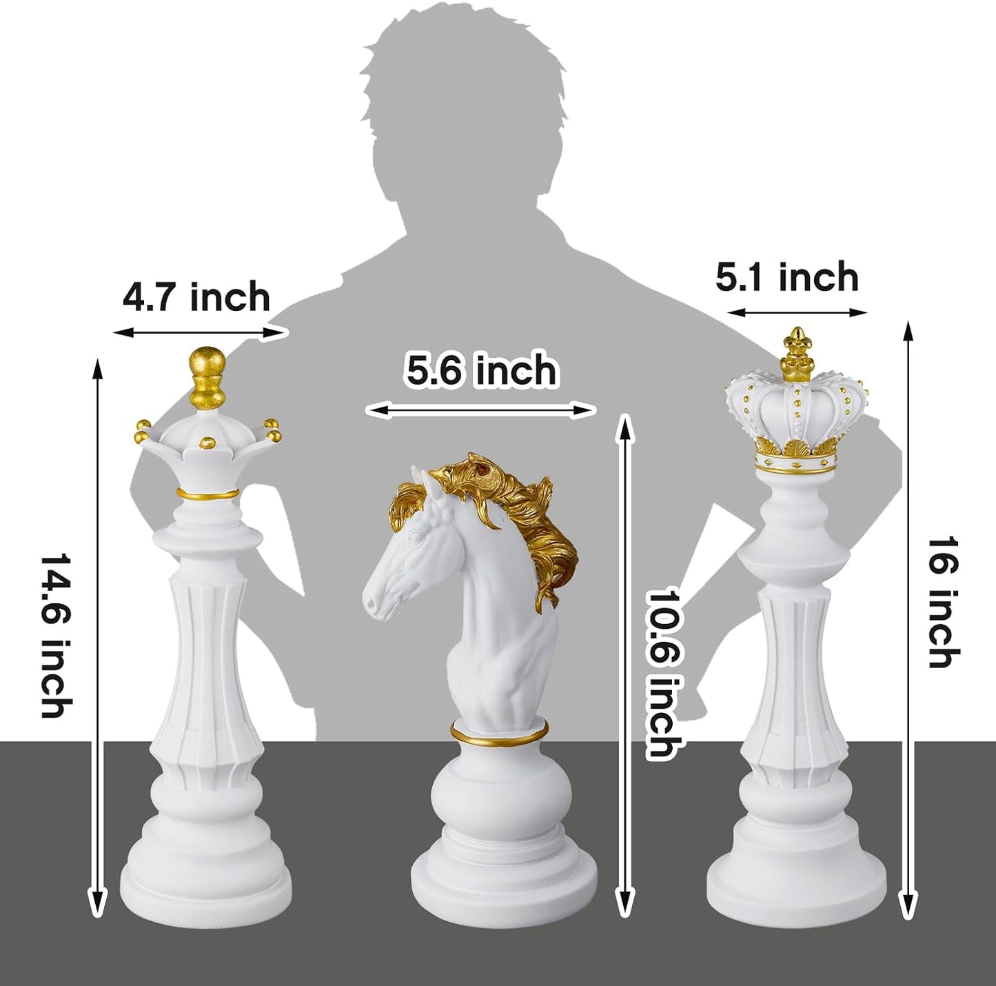 3 Pcs Large Chess Piece Statue Decor Set – King Queen Knight 10.6/14.6/16 Inch White Figurines, Modern Home & Office Decor
