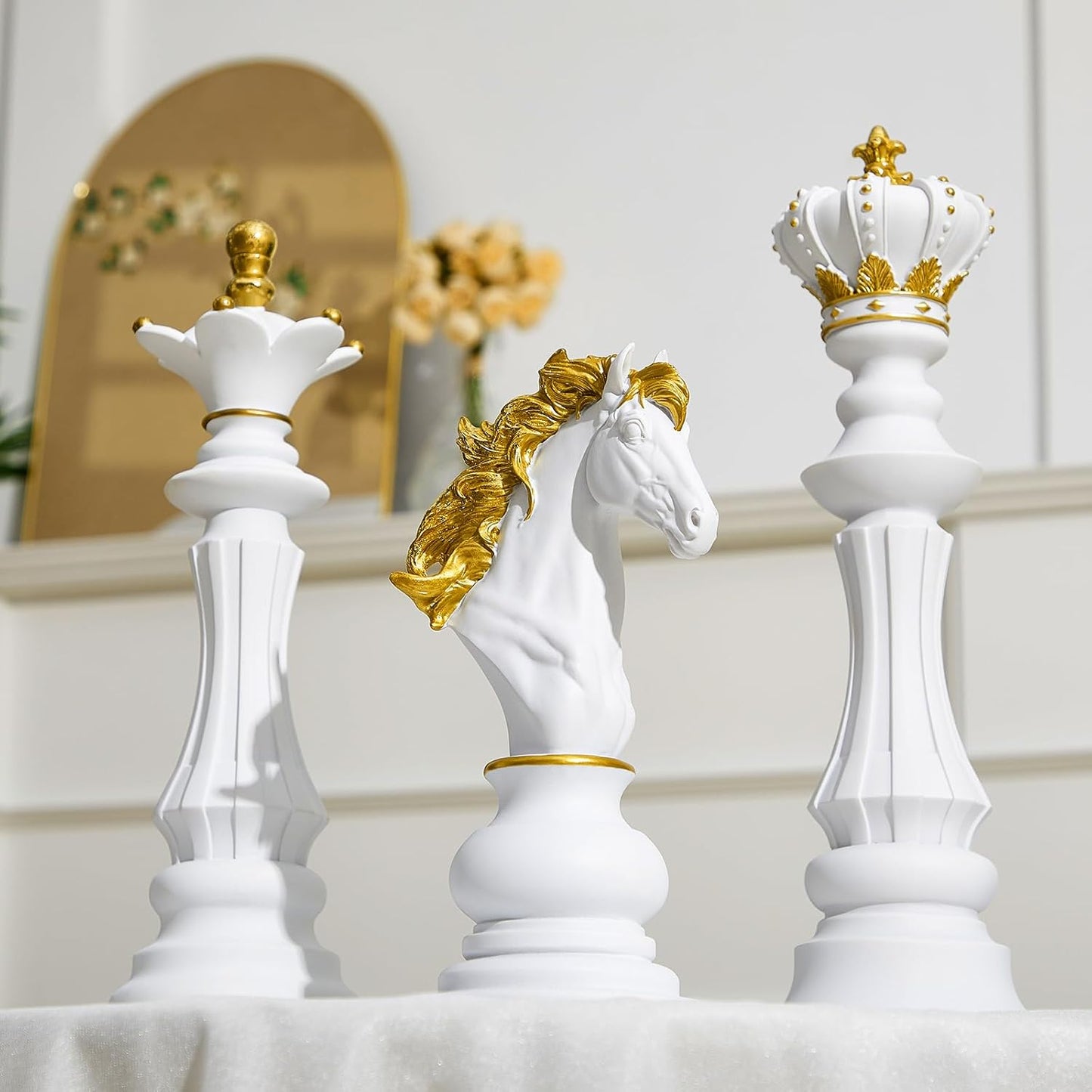 3 Pcs Large Chess Piece Statue Decor Set – King Queen Knight 10.6/14.6/16 Inch White Figurines, Modern Home & Office Decor
