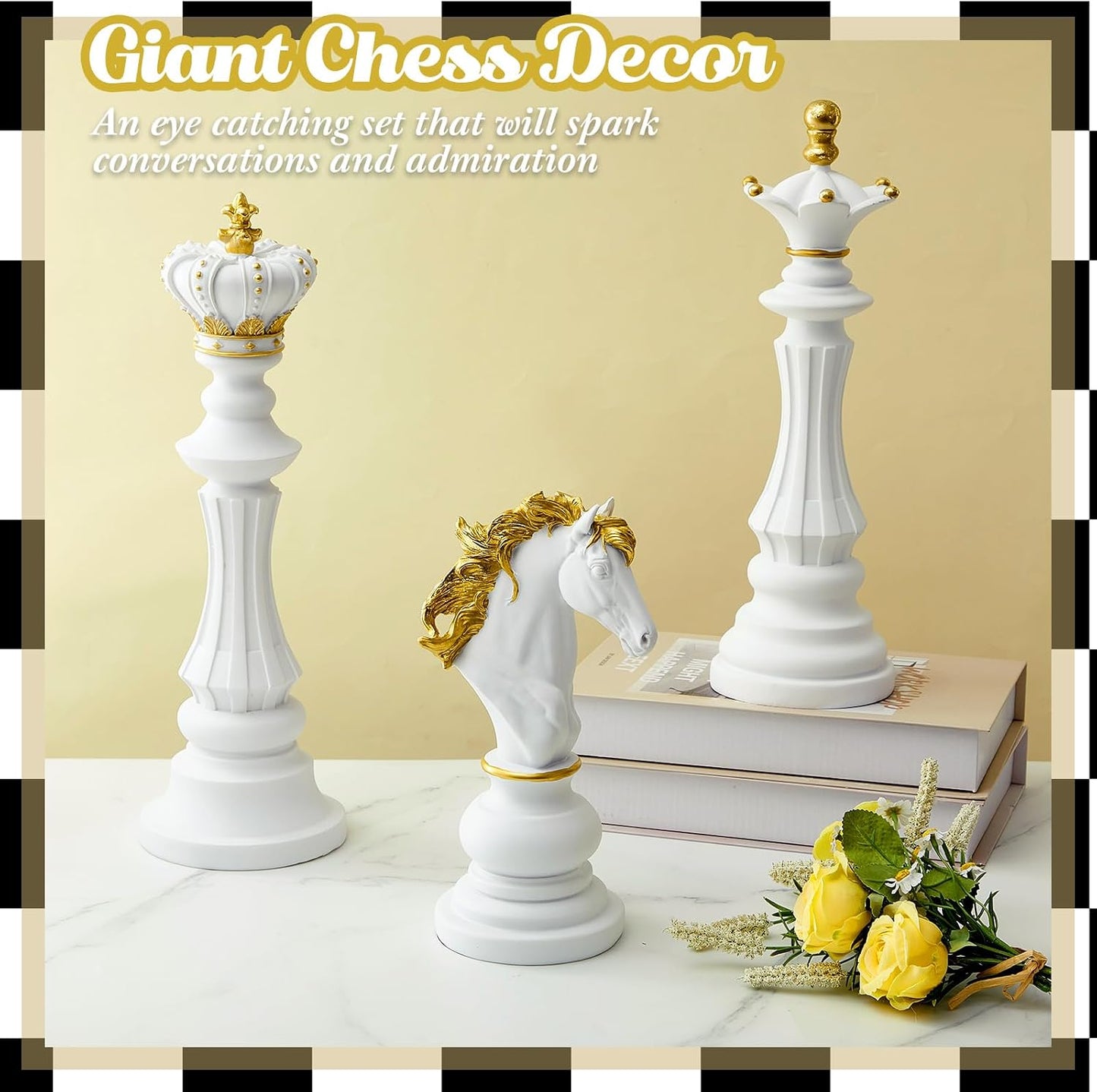 3 Pcs Large Chess Piece Statue Decor Set – King Queen Knight 10.6/14.6/16 Inch White Figurines, Modern Home & Office Decor