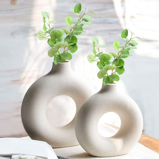 Puseky Nordic Ceramic Vase Set of 2 – White Donut Shape Flower Vases, Modern Farmhouse & Minimalist Home Decor for Bookshelf
